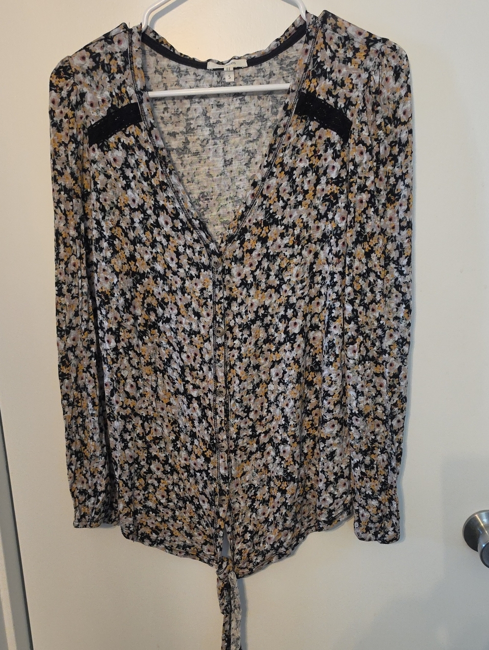 Maurices Black Floral Tie-Front V-Neck Blouse with Mustard Accents